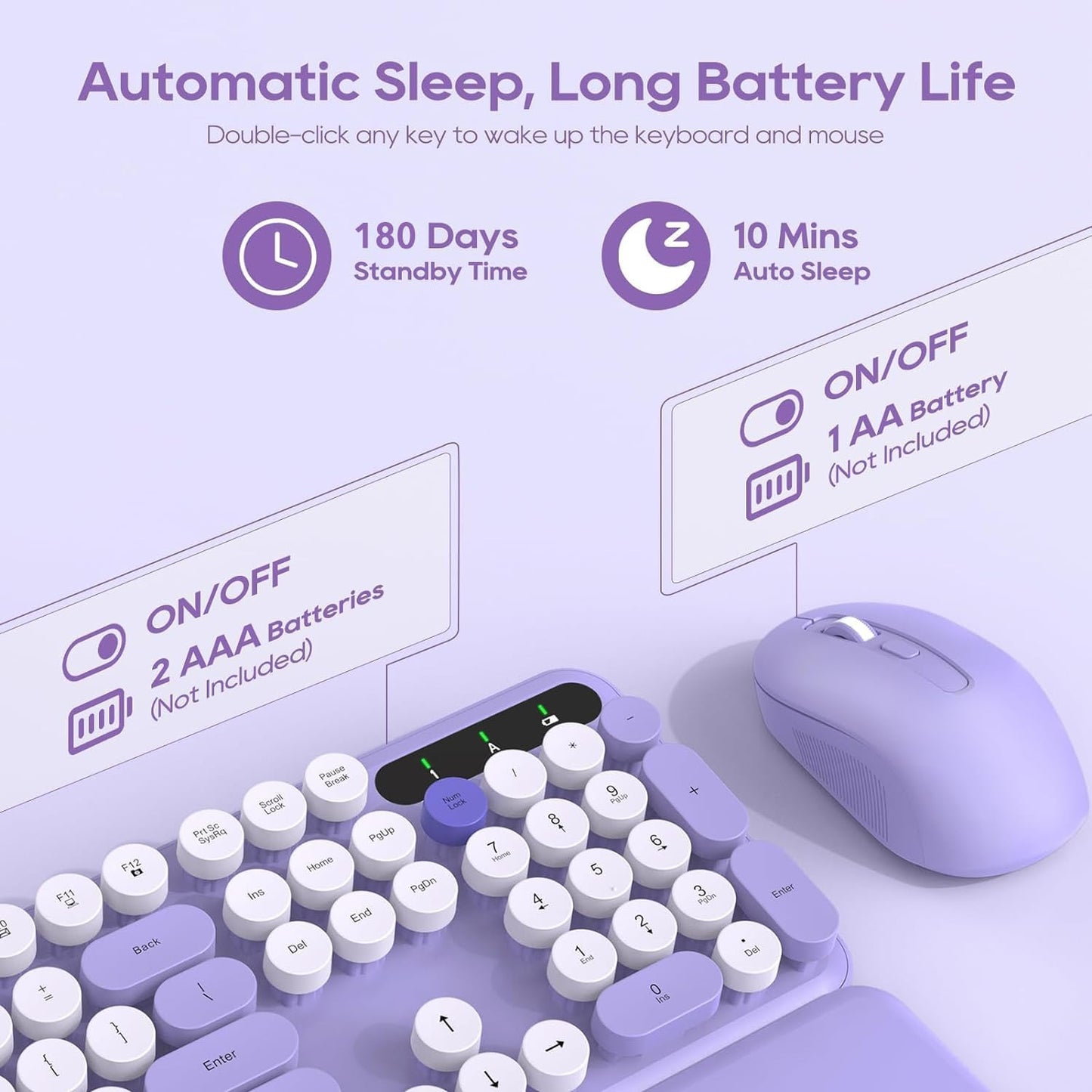 Wireless Keyboard and Mouse Combo, Cute Round Keycaps, Full-Size Retro Typewriter Keyboard with Detachable Wrist Rest, 2.4GHz Cordless Connection for Mac/Windows/PC/Laptop (Purple-Colorful)
