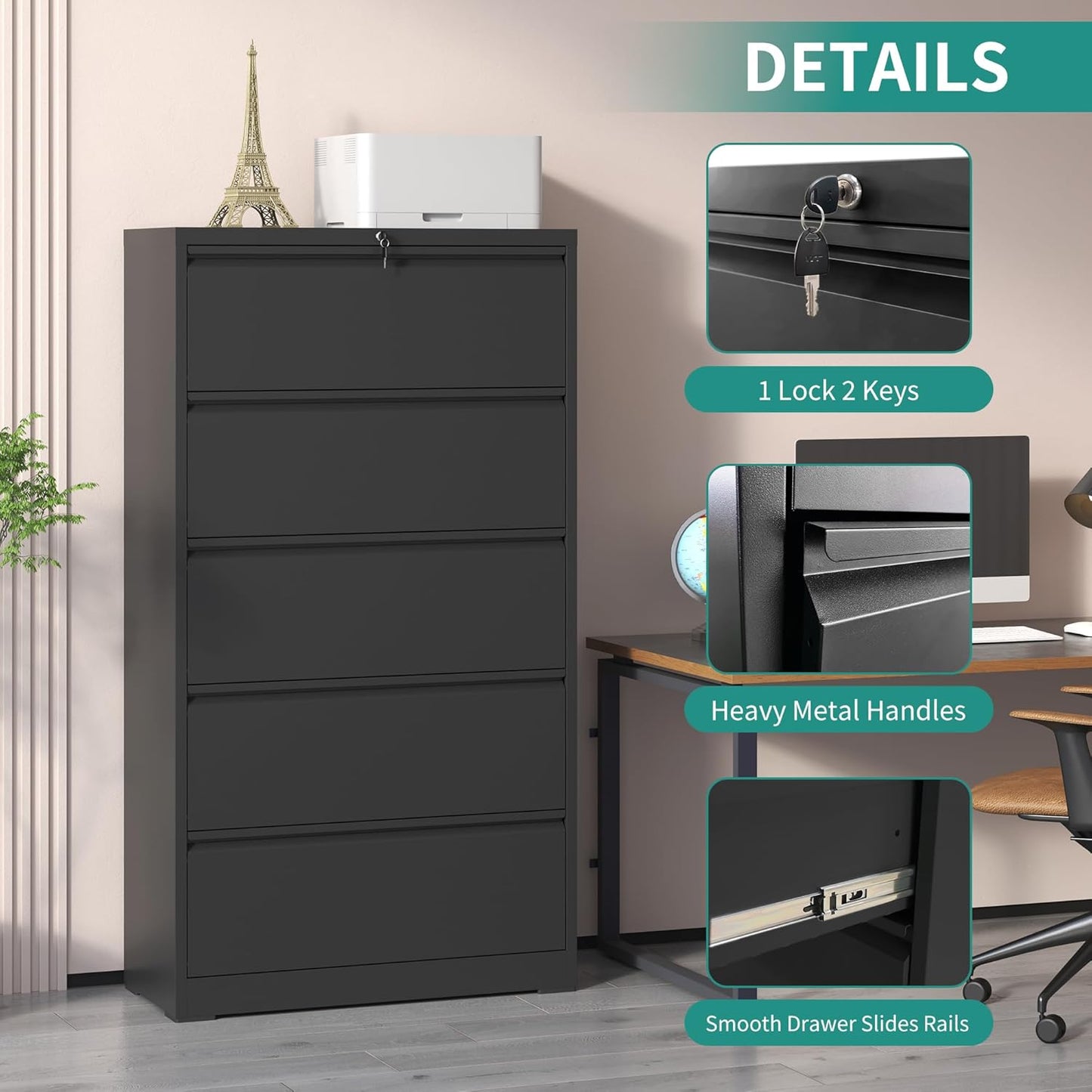 5 Drawer Lateral File Cabinet, Metal Filing Cabinets for Home Office, Steel Storage Wide File Cabinet for Letter/Legal/F4/A4 Size with Hanging Bars, Assembly Required (Black)