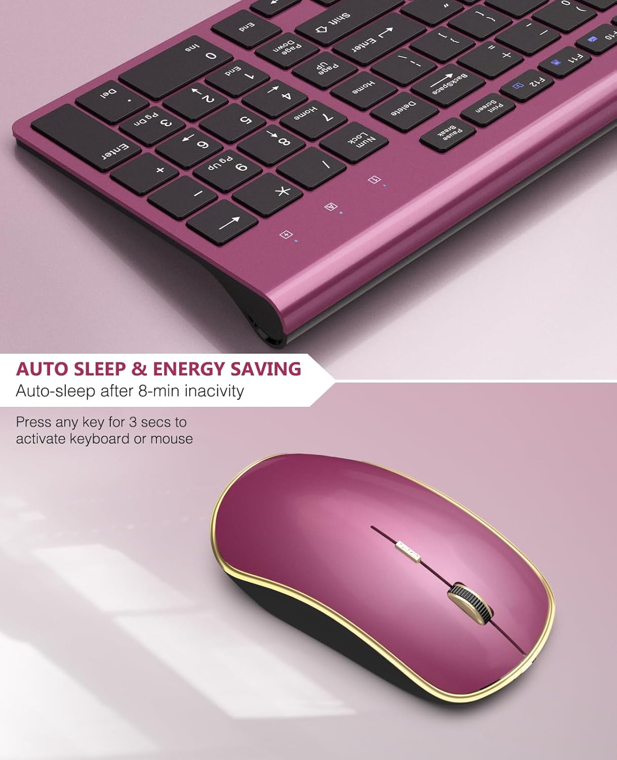 Wireless Keyboard Mouse Combo,J JOYACCESS 2.4G Compact and Ultra Slim Wireless Keyboard and Mouse for Windows, Computer, Desktop, PC, MacBook Air, Laptop-Wine Red