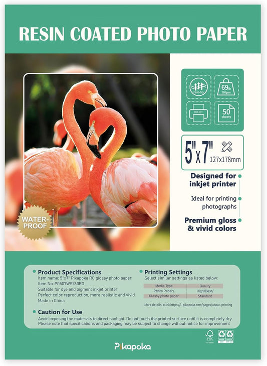 Ultra-Premium Glossy RC Photo Paper, Professional and Heavyweight Metallic Resin Coated Photo Paper, Pigment and Dye Inkjet Printer Suitable, Waterproof, 5x7, 50 Pack