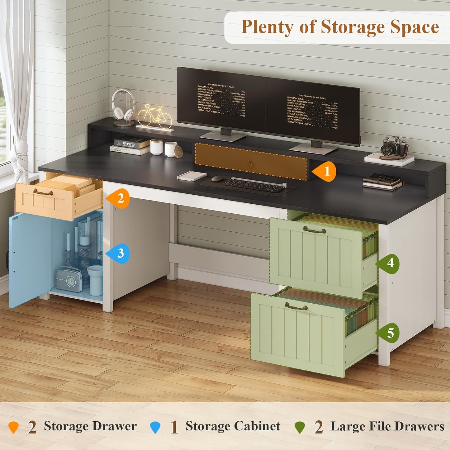 SEDETA Farmhouse 63" Executive Desk, Home Office Desk with File Drawer and Monitor Stand, Computer Desk with Drawers and Storage Cabinet, Wood Desk for Work Study Writing, White