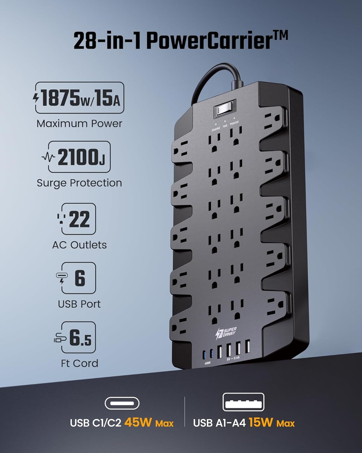 PD 45W Fast Charging Power Strip Surge Protector with 22 Outlet + 6 USB Port, SUPERDANNY 1875W/15A, 2100J, 6.5ft 45° Plug Mountable Extension Cord for Home,Office,Dorm,Gaming,PC,Streaming