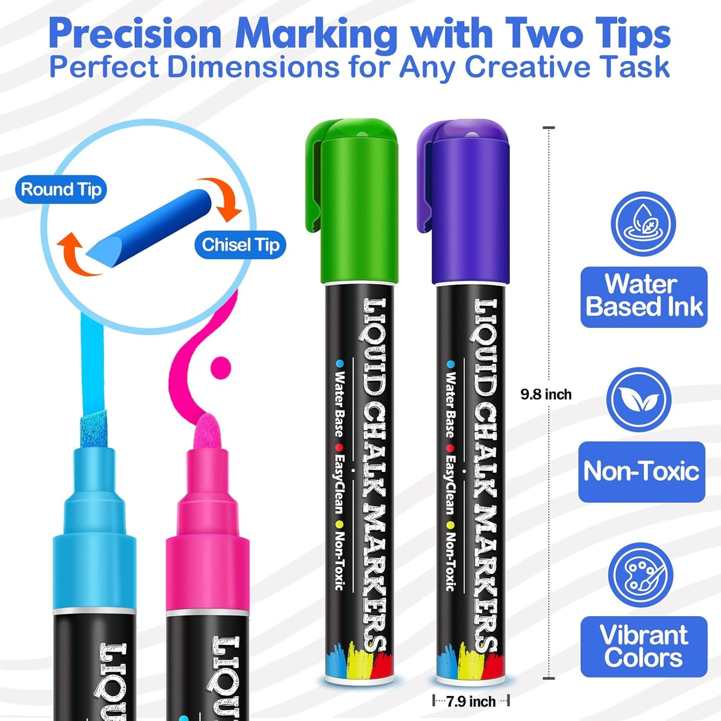 BainGesk 30 Colors Liquid Chalk Markers, Dust-Free Erasable Pens for Blackboards, Chalk Markers for Chalkboard, Windows, Glass, Mirror, Acrylic Dry Erase Board, 6mm Reversible Bullet & Chisel Tip