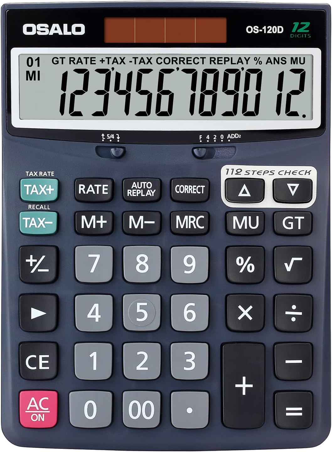 OSALO 12 Digits Desktop Calculator Extra Large LCD Display with VAT Tax Big Button, Dual Solar Power and Battery, Basic Calculator for Office, Home, School (DJ-120D Deep Blue)