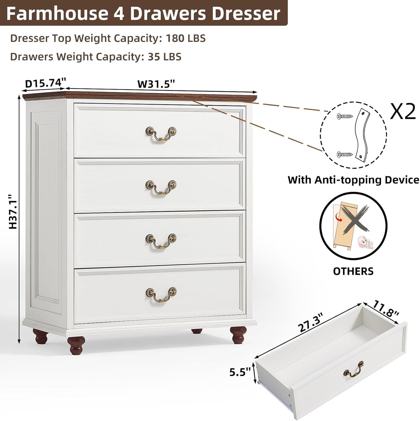 Farmhouse 4 Drawer Dresser for Bedroom, 37" Tall Rustic Chests of Drawers w/ 4 Solid Wood Feet, Mid Century Modern Wooden Closet Storage Dressers Organizer for Living Room, Hallway, White