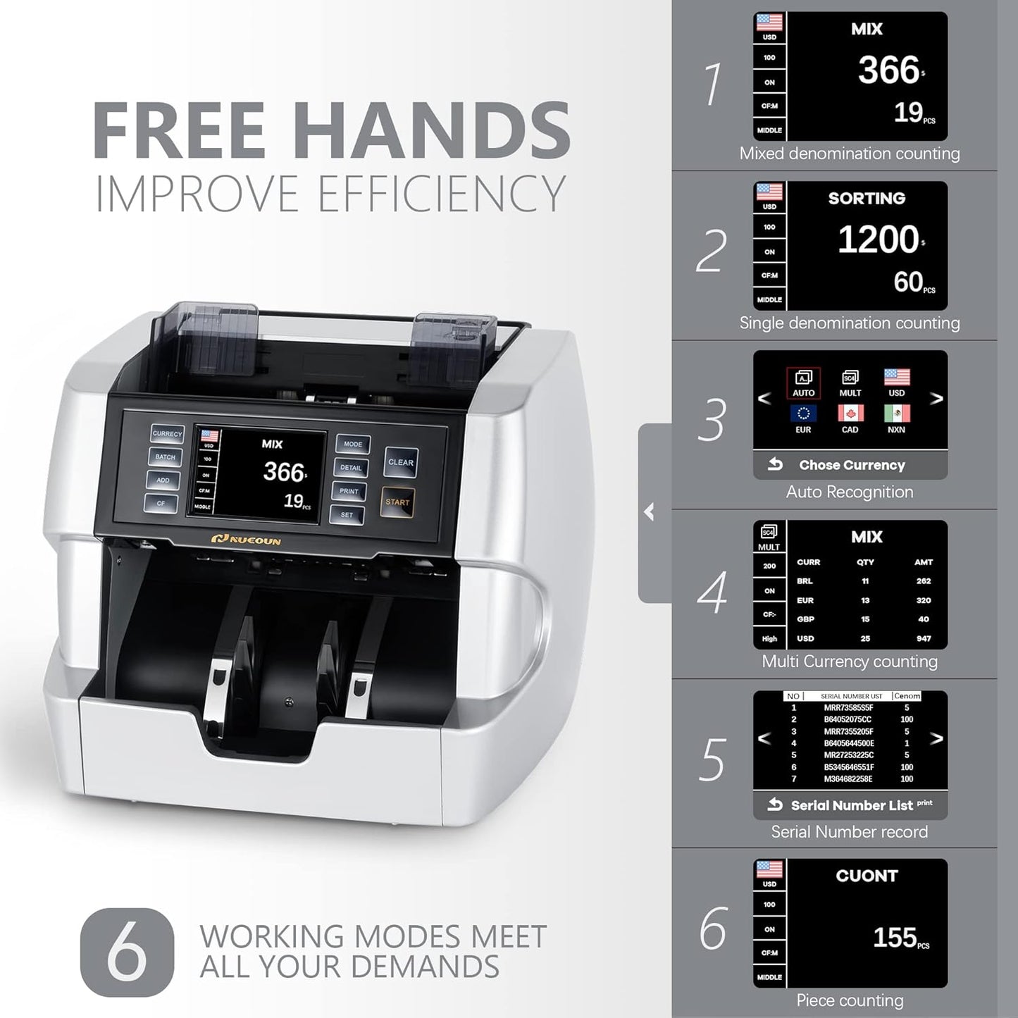 NUCOUN VC-7S Silver Bank Grade Money Counter Machine Mixed Denomination Value Counting Serial Number Multi Currency Enabled 2CIS/UV/IR/MG/MT Counterfeit Detection Cash Bill Value Counter