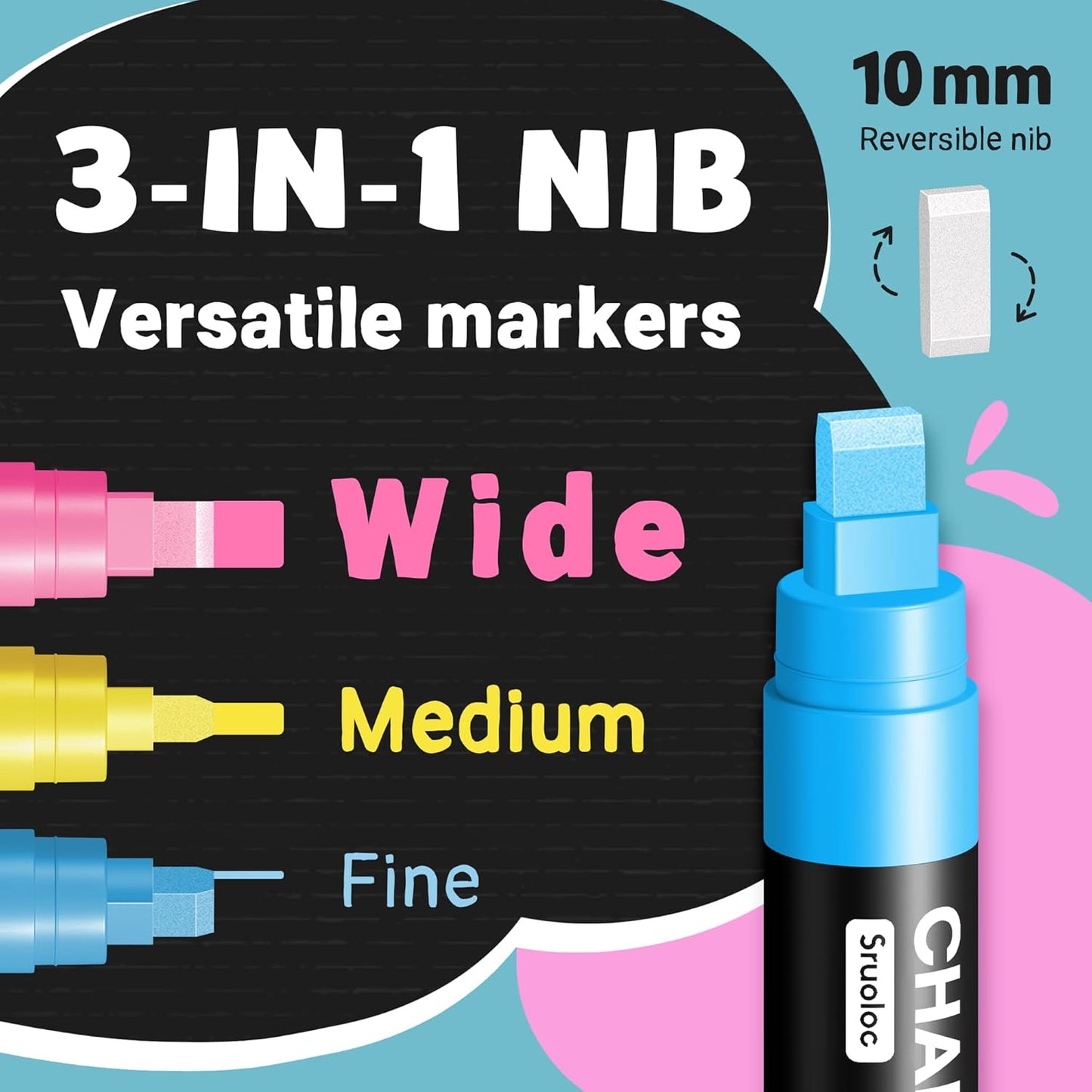 Window Chalk Markers for Glass Washable, 10 Colors Jumbo Liquid Chalk Marker with 10mm 3 in 1 Nib Thick Wide Tips, Big Chalkboard Markers, Car Paint Pen for Auto, Bistro, Mirror, Poster, Blackboards