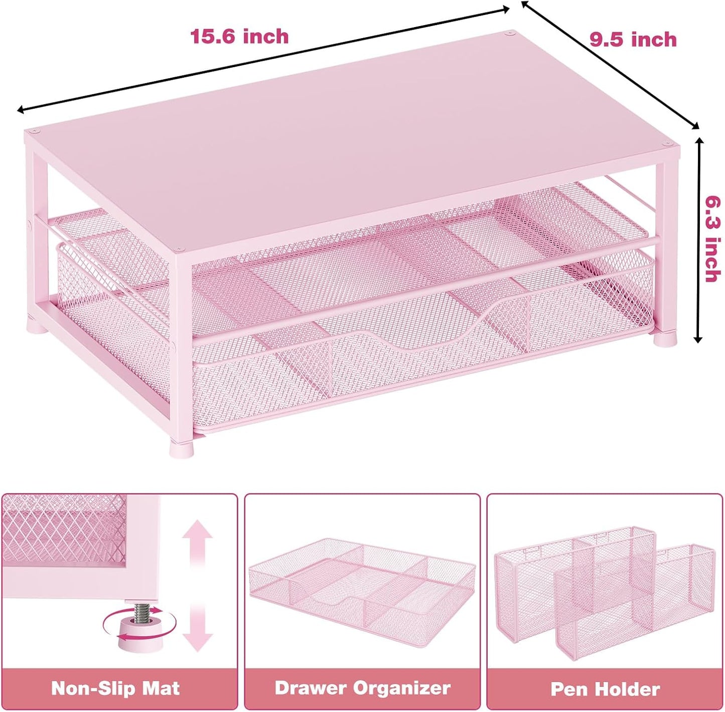 Desk Organizers and Accessories, 2-Tier Computer Monitor Stand Riser with Drawer and 2 Pen Holders, Laptop Stand, Office Desk Accessories for Office Supplies, Pink