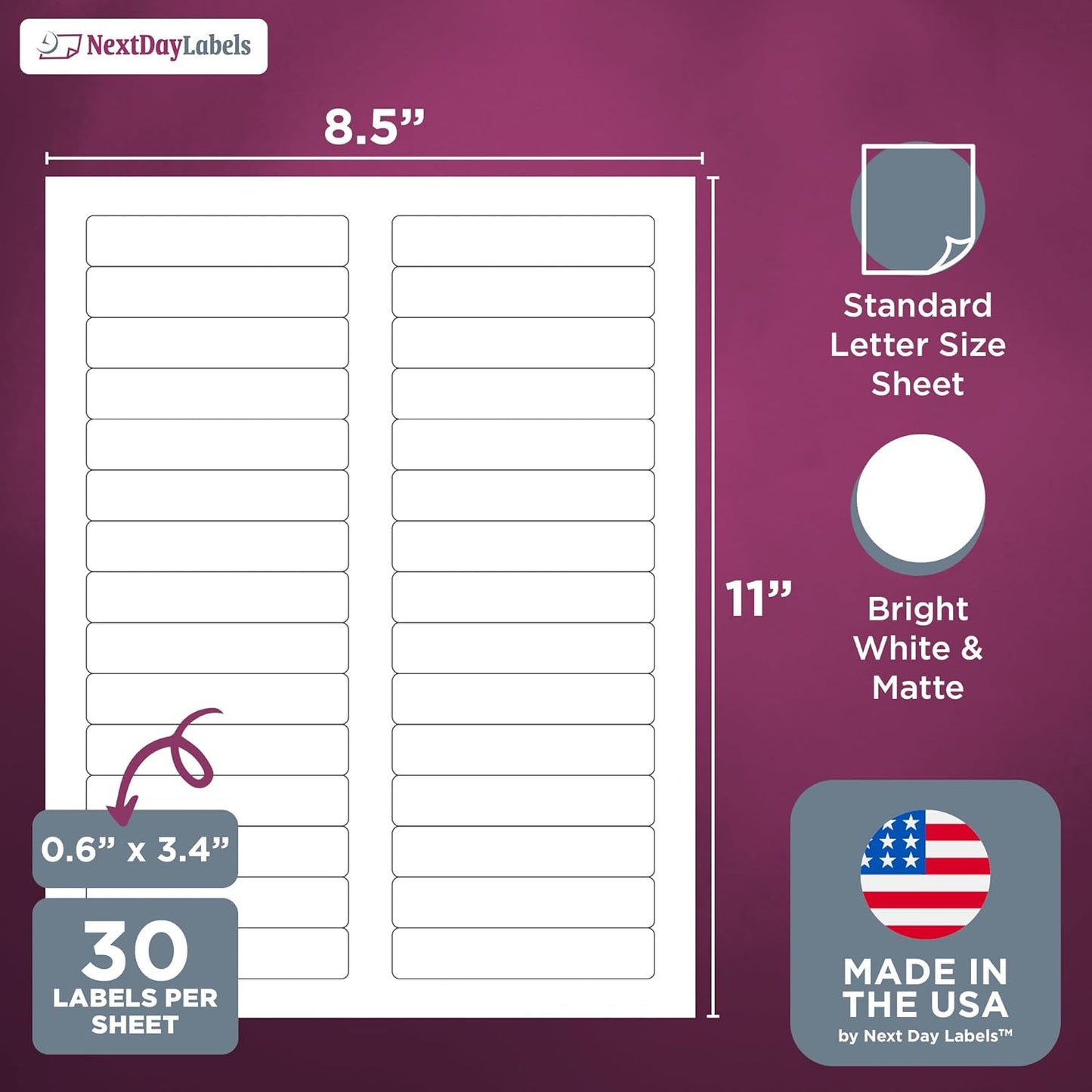 NextDayLabels - 3-7/16" x 2/3" Rectangular Sticker Labels for Printer - White Laser/Inkjet Printer Labels Return Address Labels Shipping Label Stickers (100 Sheets, 30 Per Sheet, 3000 Labels)