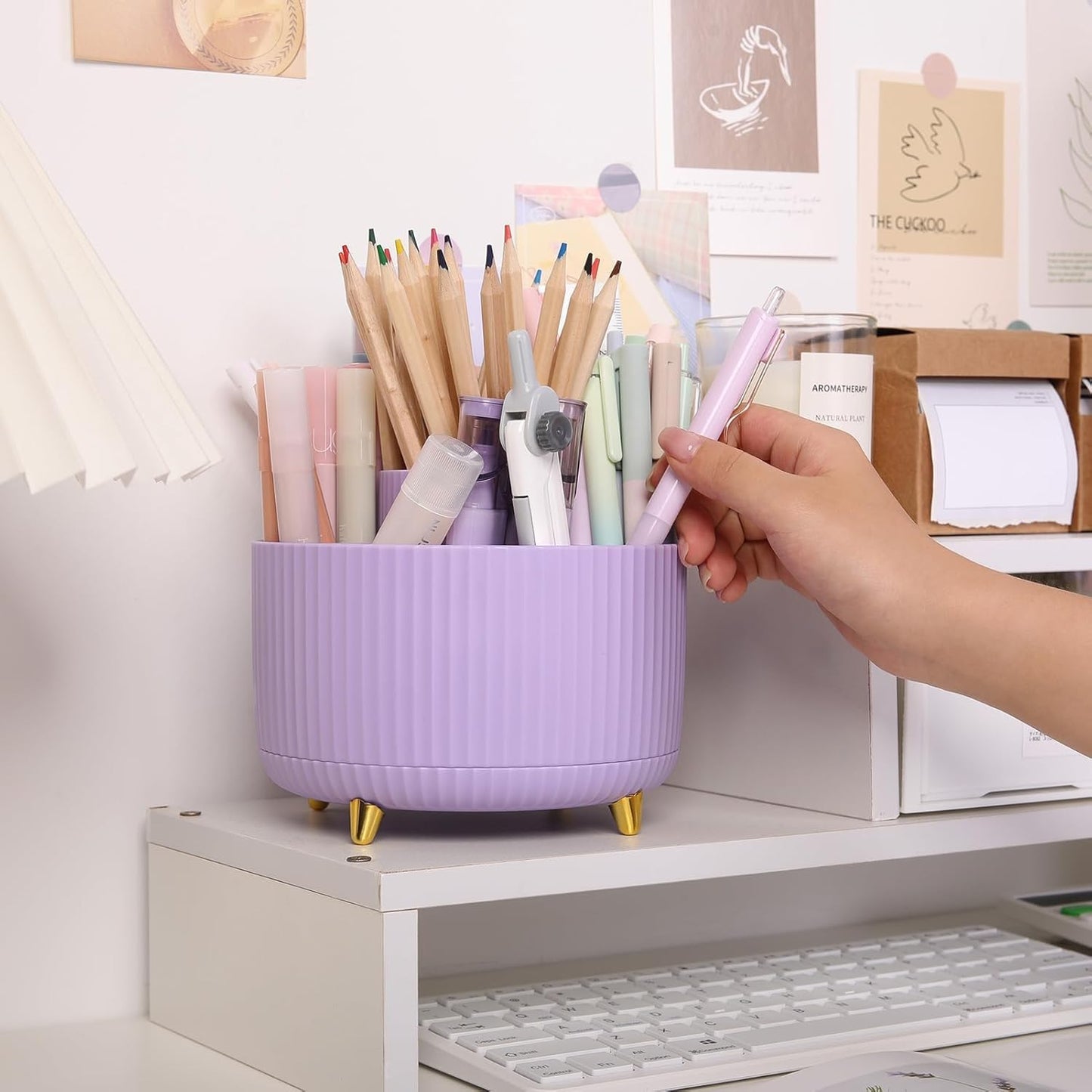SKYDUE 360 Rotating Purple Pen & Art Supply Organizer - 5 Slot Desk Organizer for Office, School, Home