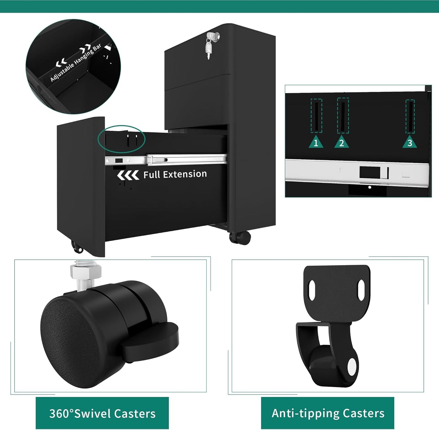 YITAHOME 3-Drawer Metal Filing Cabinet Office, Compact Portable Slim File Cabinet Drawers with Keys, Pre-Built Office Storage Cabinet for A4/Letter/Legal (Black)