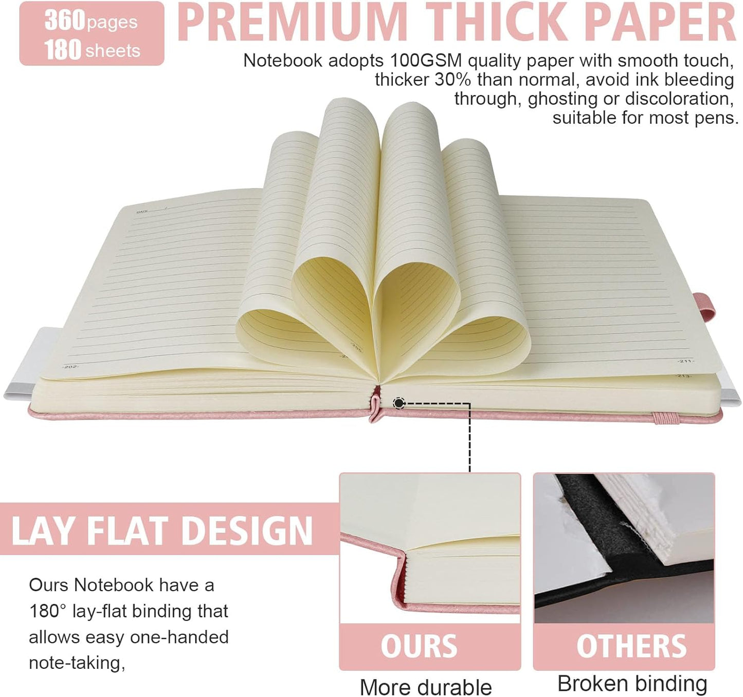 Lined Journal Notebook, 360 Numbered Pages(With page number), Thick Journal for Writing A5 College Ruled Notebook, 100gsm Lined Paper, Leather Hardcover, 5.75'' X 8.38''-Pink