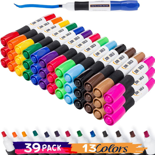 June Gold 39 Assorted Colored Dry Erase Whiteboard Markers, 13 Unique Colors, Chisel Tip, Low Odor, Comfortable Grip & Vivid Lines
