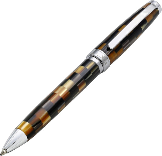 Xezo Urbanite Brass Ballpoint Pen, Medium Point. Woody Brown, Silver, and Black Acrylic Inlay with Chrome Plating. Handcrafted, Limited Edition, Serialized. No Two Alike.