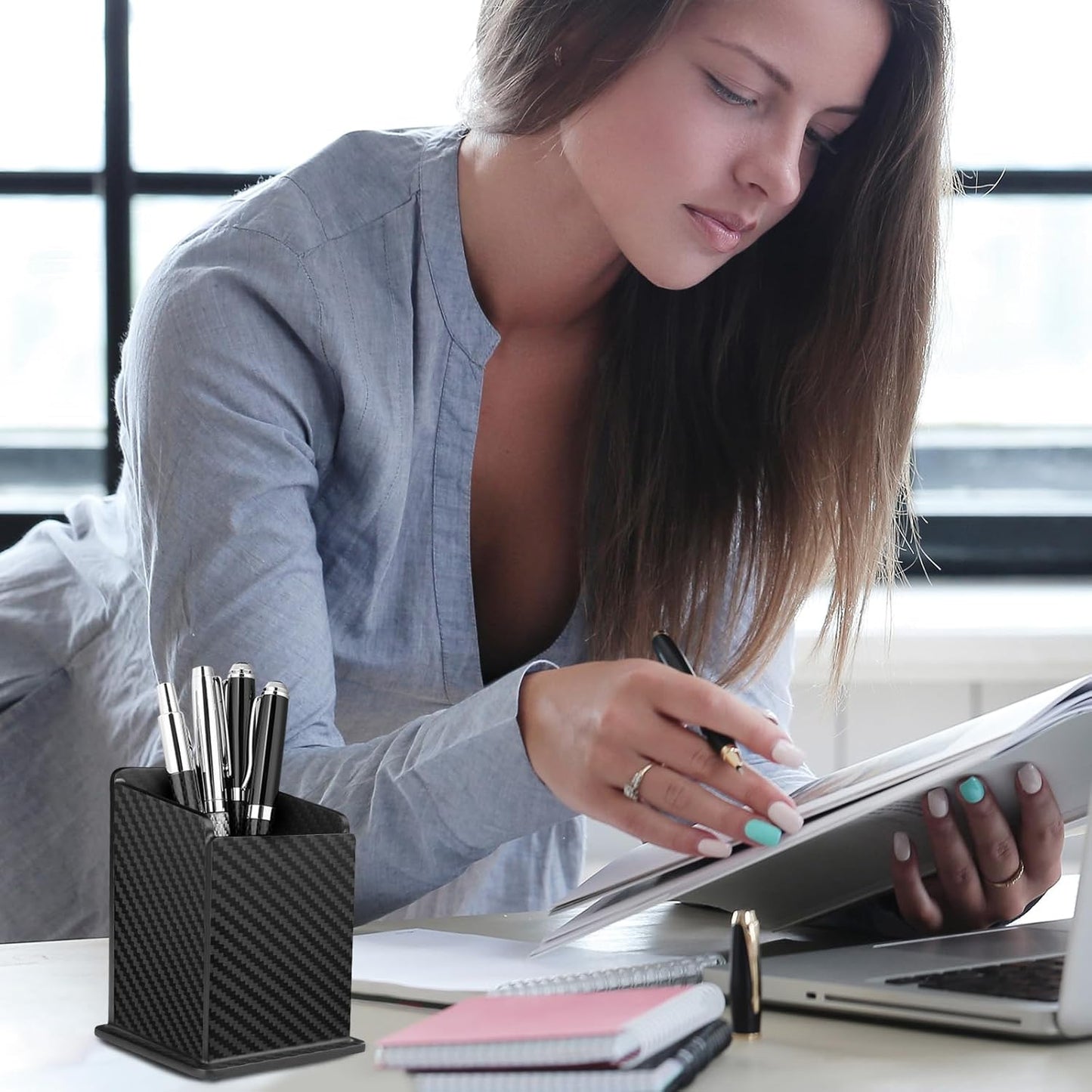 Carbon Fiber Black Pen Holder Cup for Desk, Black Pencil Cup Holder for Desk Office Pen Organizer,Modern Minimalist Pen Holder,Matte Black