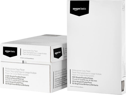 Amazon Basics Multipurpose Copy Printer Paper, 20 lb, 11 x 17 Inches, 5 Reams (2,500 Sheets), 92 Bright, White