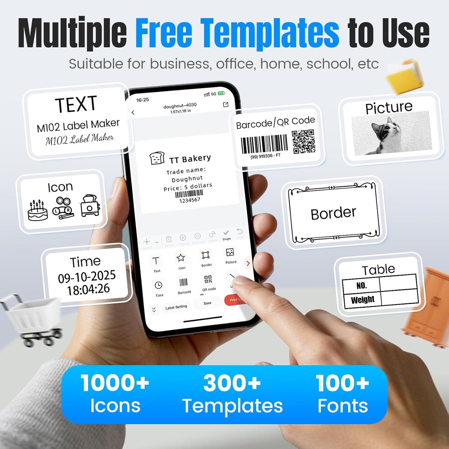 Label Maker, M102 Label Printer Bluetooth Label Machine with Tapes 1000+ Icons 300+Templates for Small Business, Office, Home, Kid School Items, Black