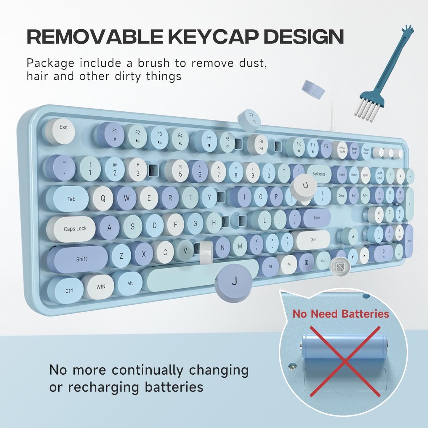 Wired Keyboard, Full-Sized Typewriter Keyboards, USB Plug and Play Office Keyboard with Number Pad, Caps Indicators, Foldable Stands for Windows, PC, Laptop, Desktop (Blue Colorful)
