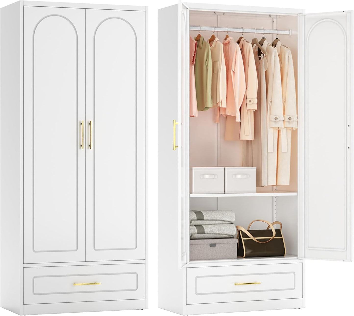Metal Wardrobe Closet with Drawer, 71" Tall Armoire Wardrobe Closet with Hanging Rod, Freestanding Clothing Storage Cabinet with Doors, Large Wardrobes for Bedroom, White, Assembly Required