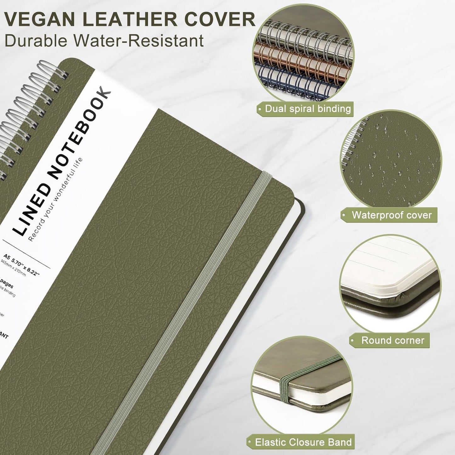 Lined Spiral Journal Notebook, A5 Hardcover Leather Notebook for Work, 5.7''×8.2'', 100GSM Thick Paper Spiral Bound Journaling Notebooks for Women & Men Office School Note Taking Business, Green