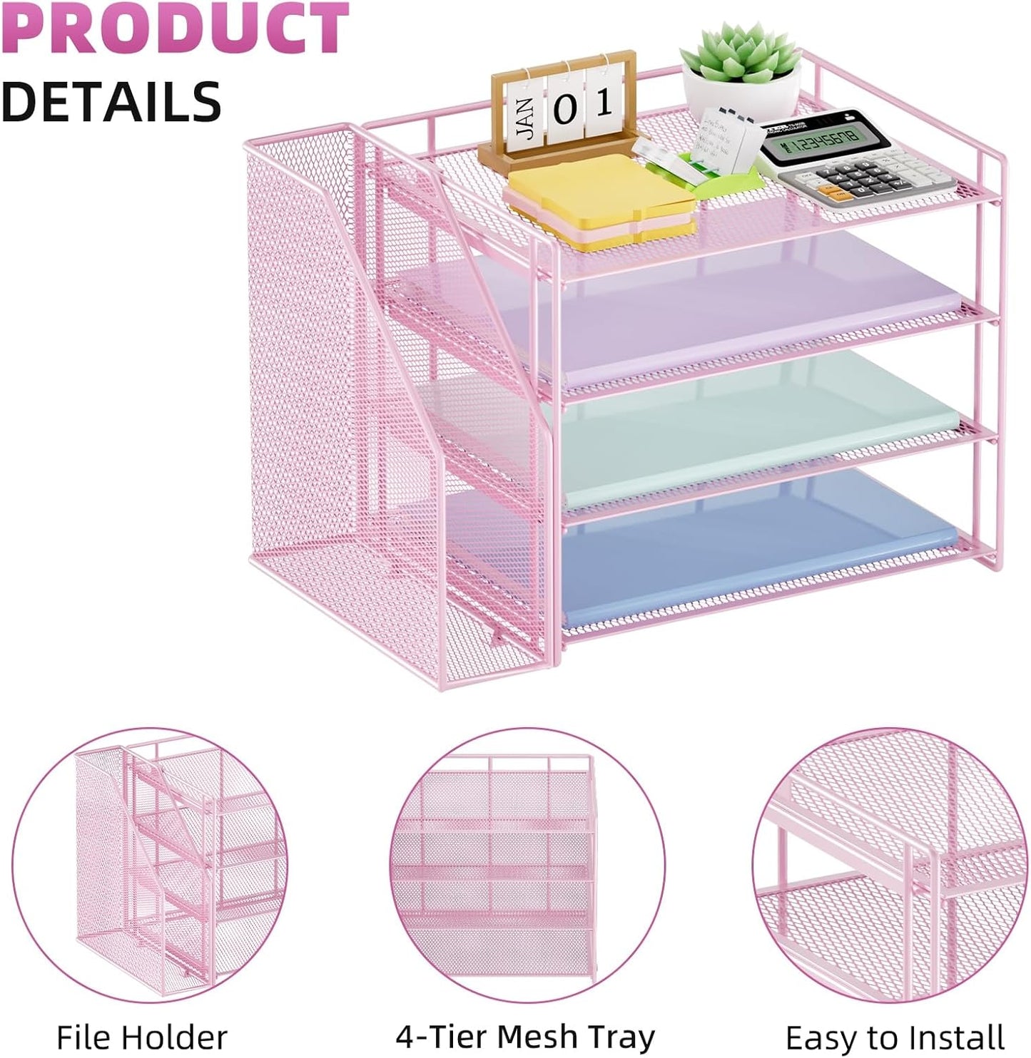Marbrasse Desk Organizer and Accessories，4-Tier Paper Letter Tray Organizer with File Holder，Desk Accessories & Workspace Desktop Organizers for School Home Office Supplies (Pink)
