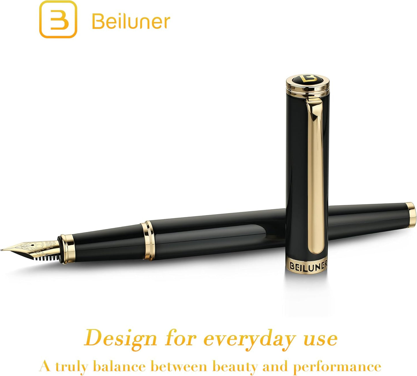 BEILUNER Black Fountain Pen,Stunning Luxury Piano Lacquer,24K Gilded Nib(Fine),Gorgeous 24K Gold Finish, Ink Converter,Trustworthy Gift for Men&Women-Elegant, Reliable,Executive,Nice Pens for Writing