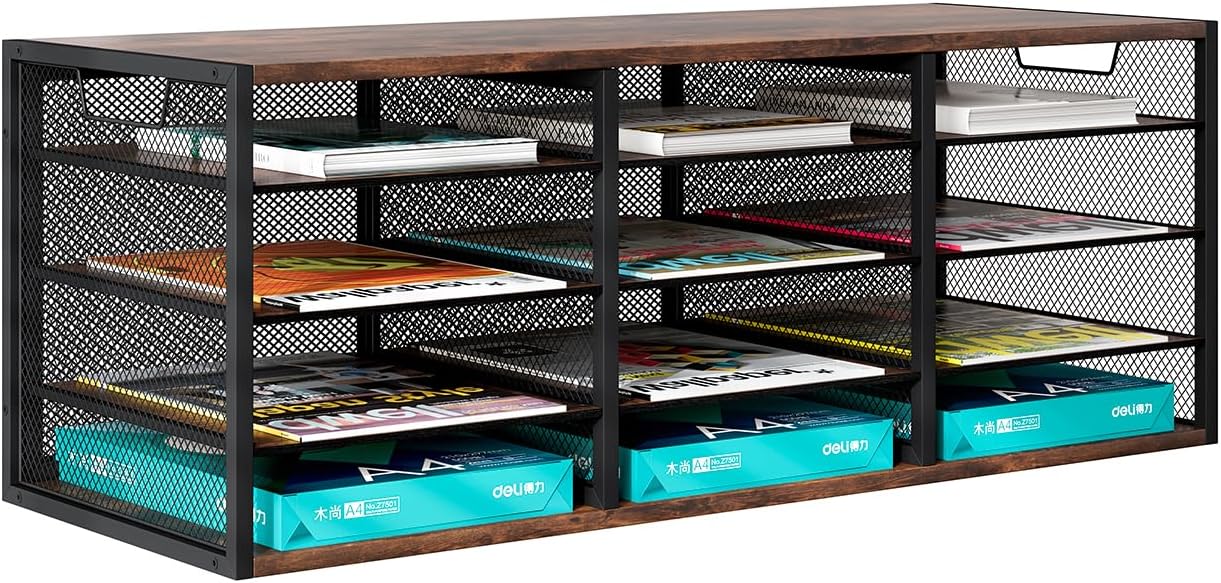 Mail Sorter Adjustable Holder, Countertop Literature Organizer, Student Mailbox for Classroom, Desktop Bill Paper Organizer for Office Home School, 12 Compartments, Brown