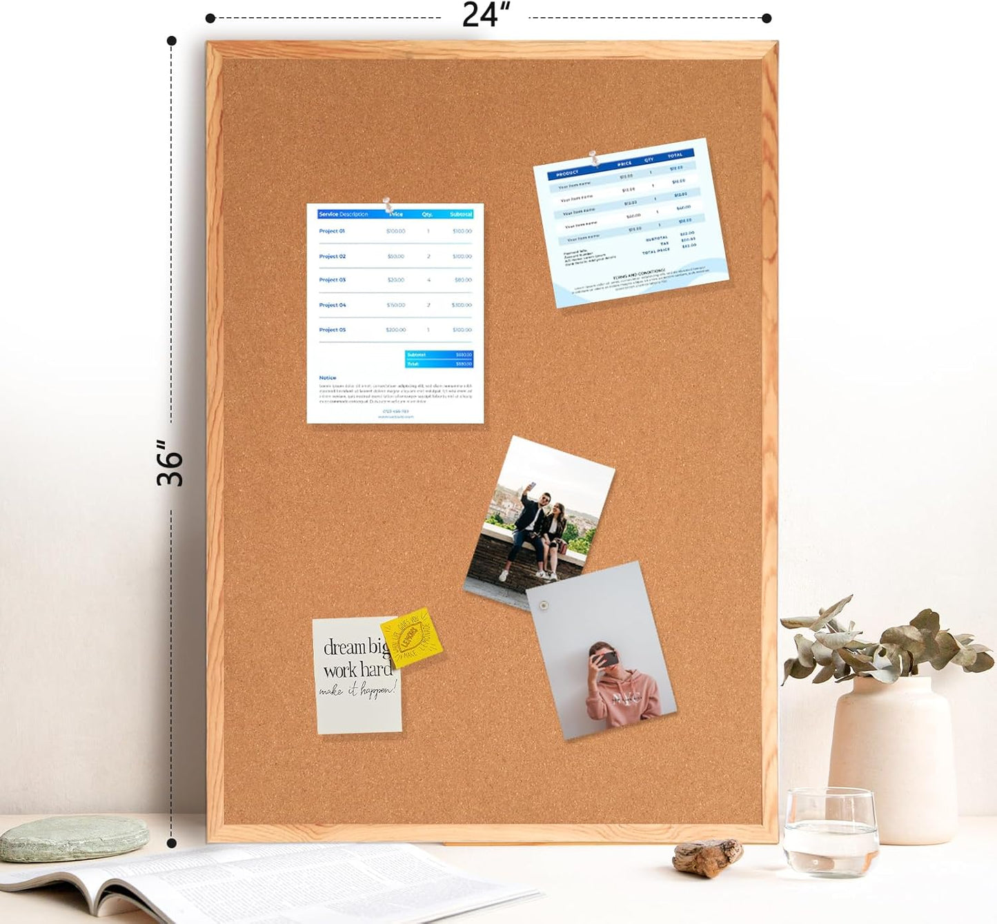 WALGLASS Cork Board 36" x 24" Wooden Frame Bulletin Board, Pin Cork Board for Wall Room Decoration Display Board for Home Office, 10 Pins