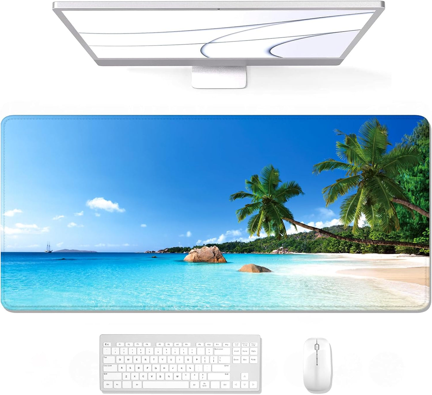 Auhoahsil Large Gaming Mouse Pad, Beach Theme XXL 35.4 x 15.7 in Desk Pad Stitched Non-Slip Rubber Long Computer Mousepad Thin Extended Full Size Desk Mat for Desktop, Laptop, Wireless Mice, Blue
