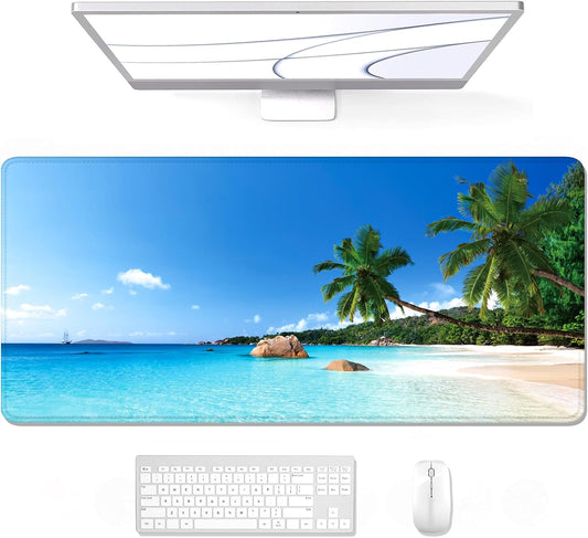 Auhoahsil Large Mouse Pad, XXL Gaming Mousepad, Desk Mat for Desktop, Thick Rubber, Big & Long Size, Stitched Edges, Full Desk Pad for Laptop & Computer, Extended 31.5 x 11.8 in, Beach Coconut Tree