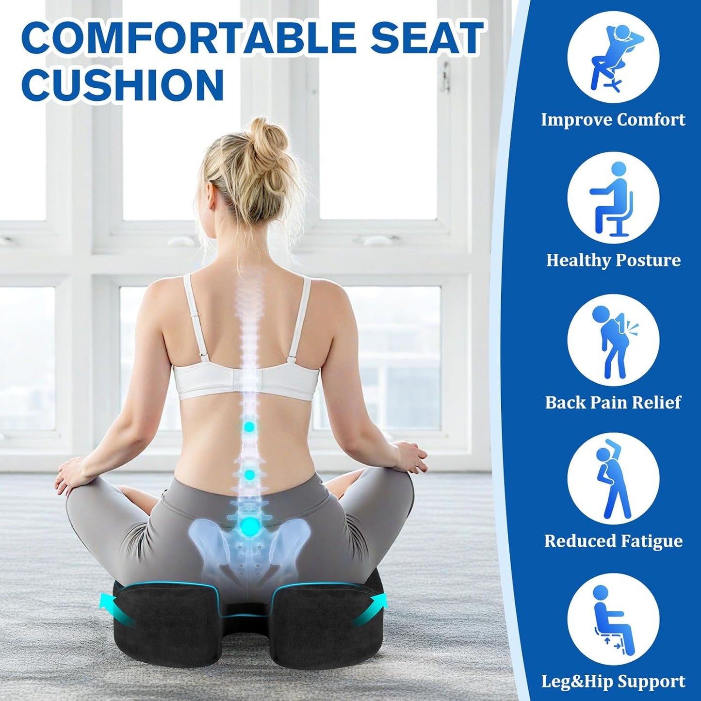 Seat Cushion, Gel Chair Cushions, Office Chair Cushions, Anti-Slip Bottom & Removable Cover Tailbone Pain Relief Cushion, Memory Foam Seat Cushion for Office, Wheelchair, Car (Black)