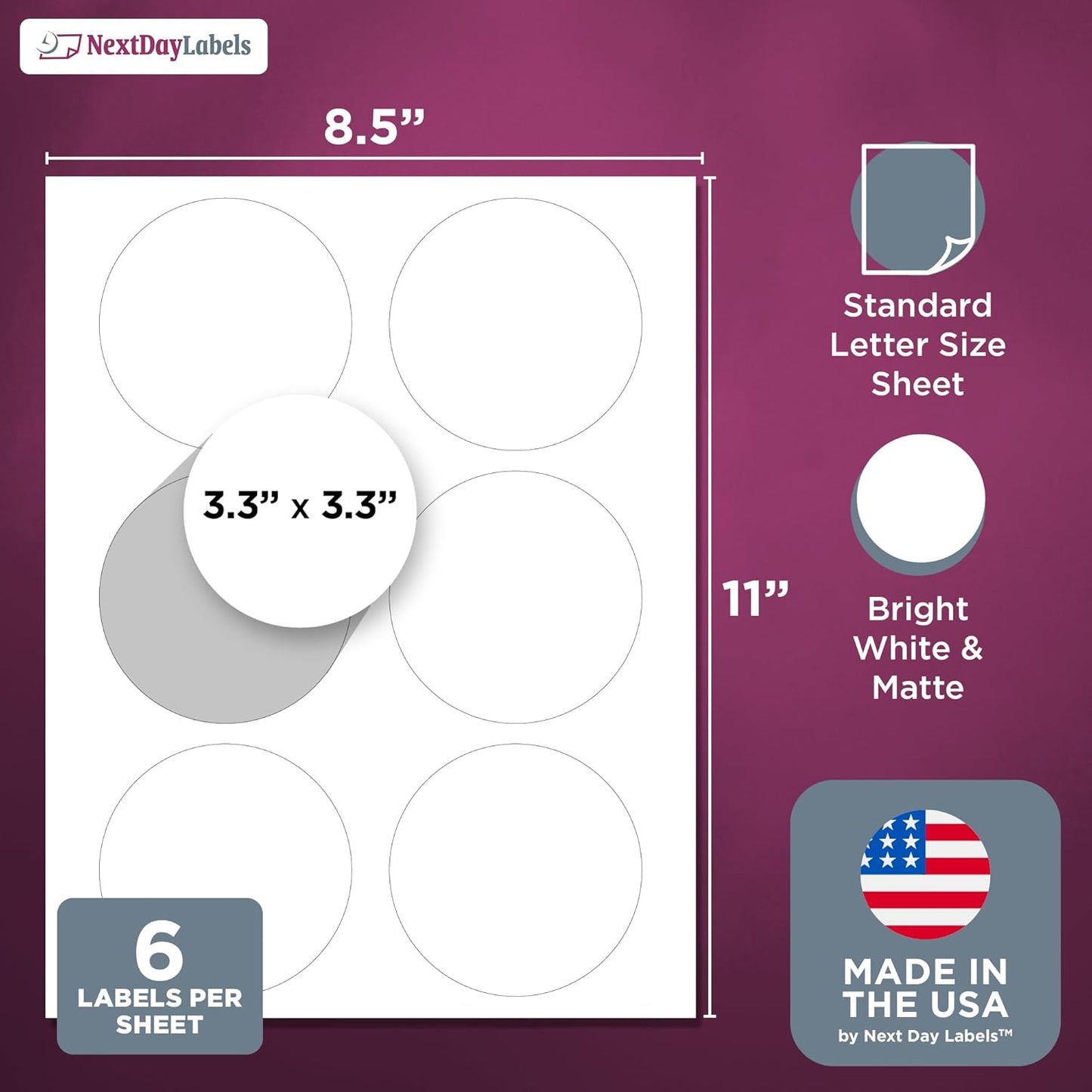 NextDayLabels - Round Labels 3.33 Inch - 150 Printable Labels (25 Sheets x 6)