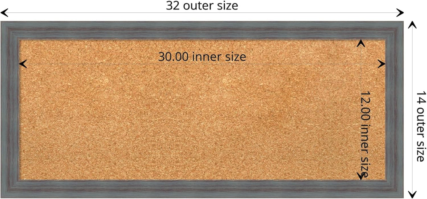 Amanti Art Natural Cork Board for Wall, 14x32 Vision Board with Blue Wood Frame, Medium Corkboard Office Decor for Home Organization, Rustic Farmhouse Corkboard Pinboard to display items for home