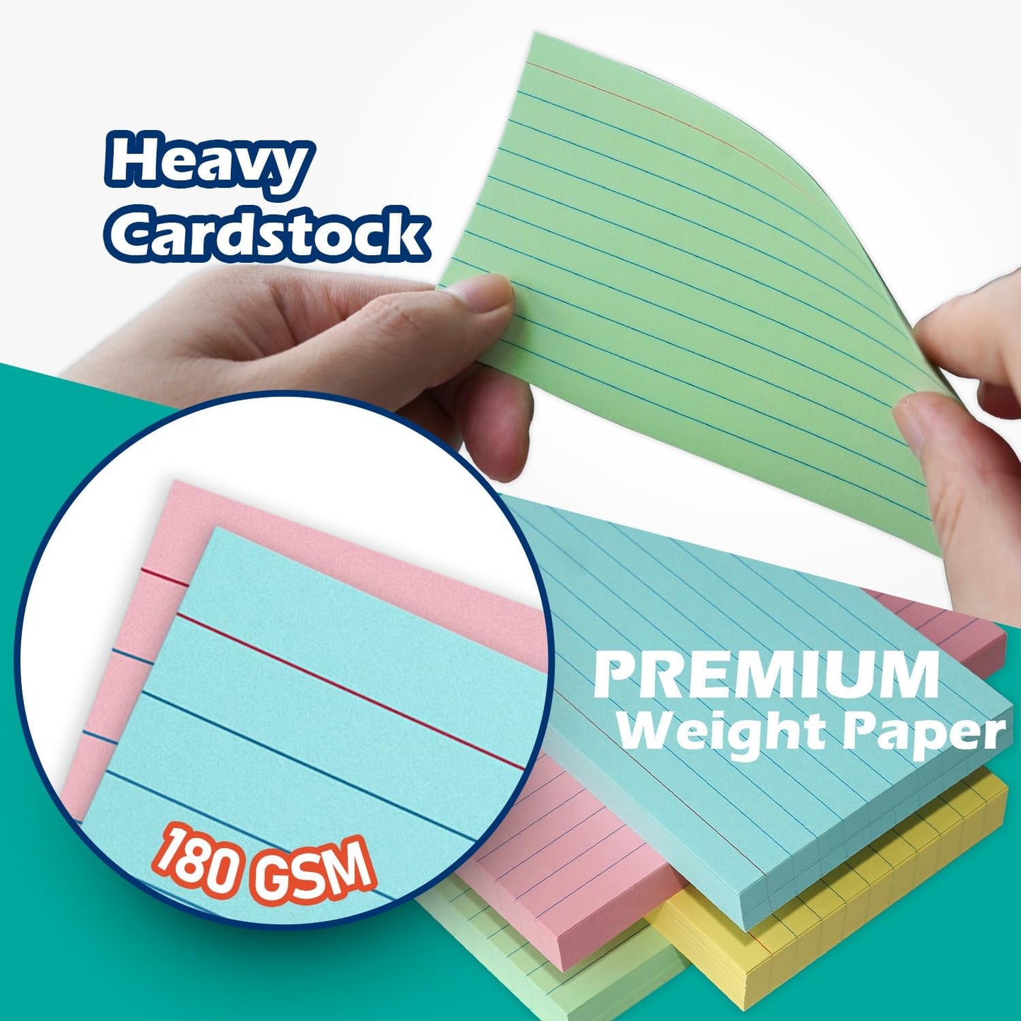 Green Lined Index Cards 3x5 Ruled Note Cards 100 Count, 180 gsm Heavy Weight
