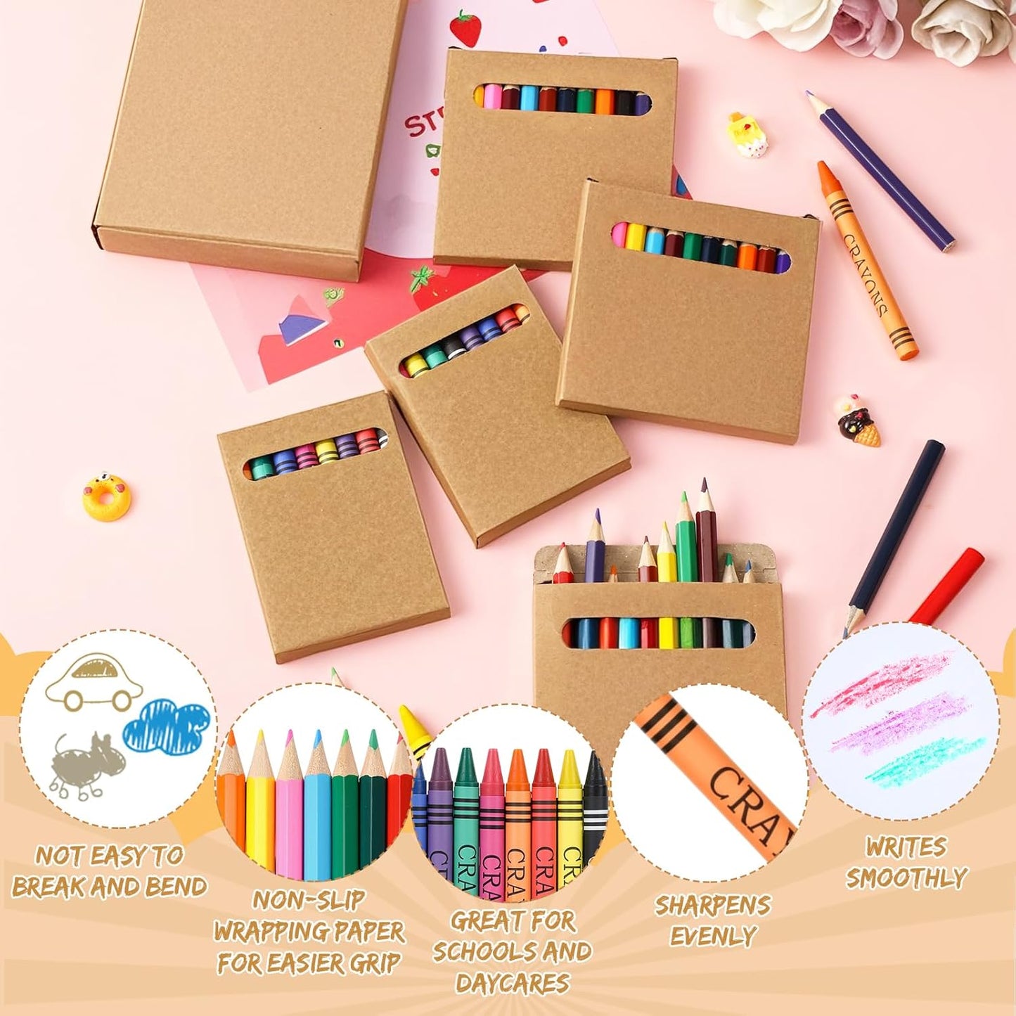 100 Sets Bulk Back to School Supplies, Colored Pencils Pre-Sharpened and Crayons Holiday Bundle in Box Mini Pencils Crayons Bulk Classroom Teacher Supplies, Cute Back to School Gifts