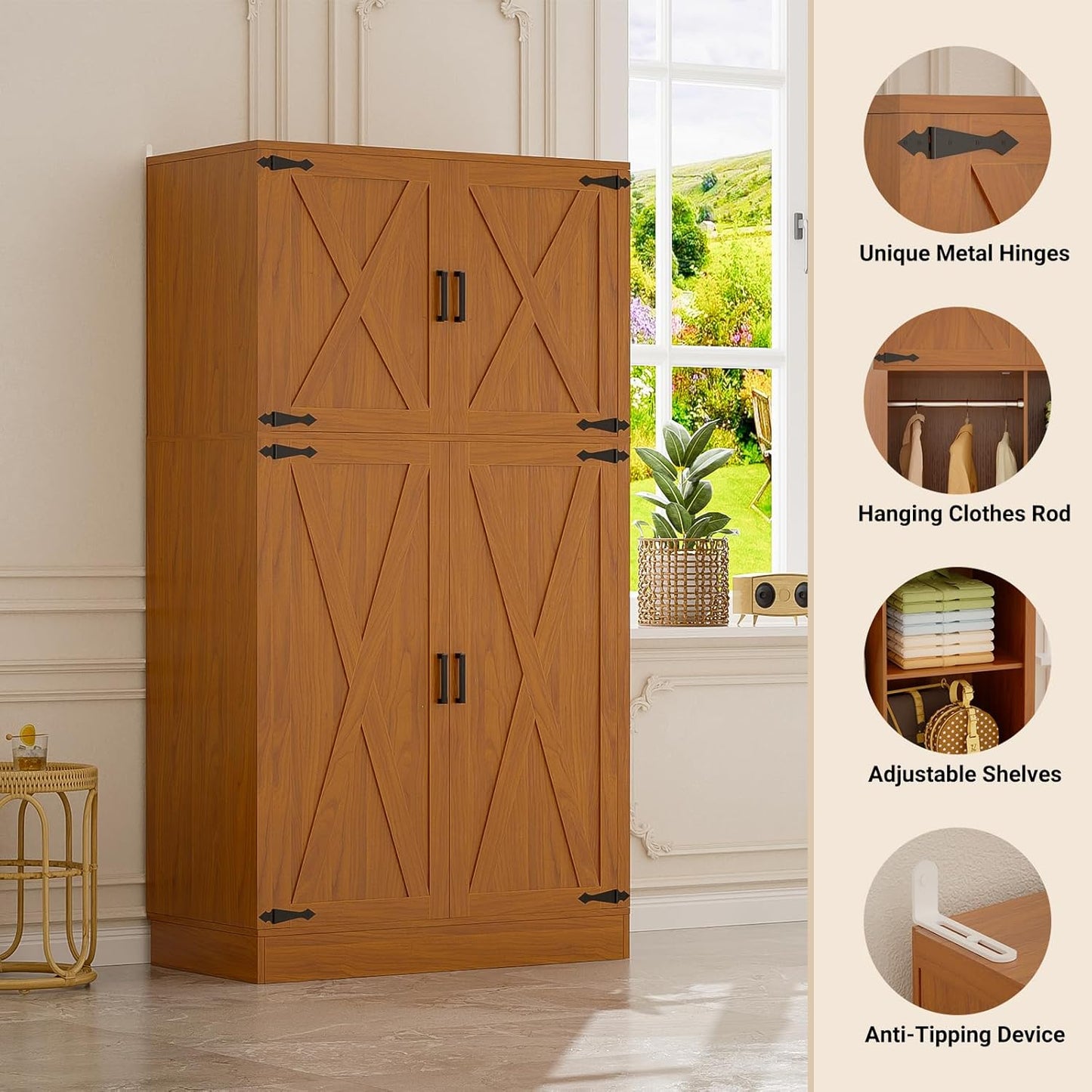Unikito 71'' Farmhouse Wardrobe Closet with Hanging Rod, 4 Barn Door Storage Cabinet with Adjustable Shelves, Freestanding Closet Wardrobe Cabinet for Bedroom Living Room Office, Highland Oak