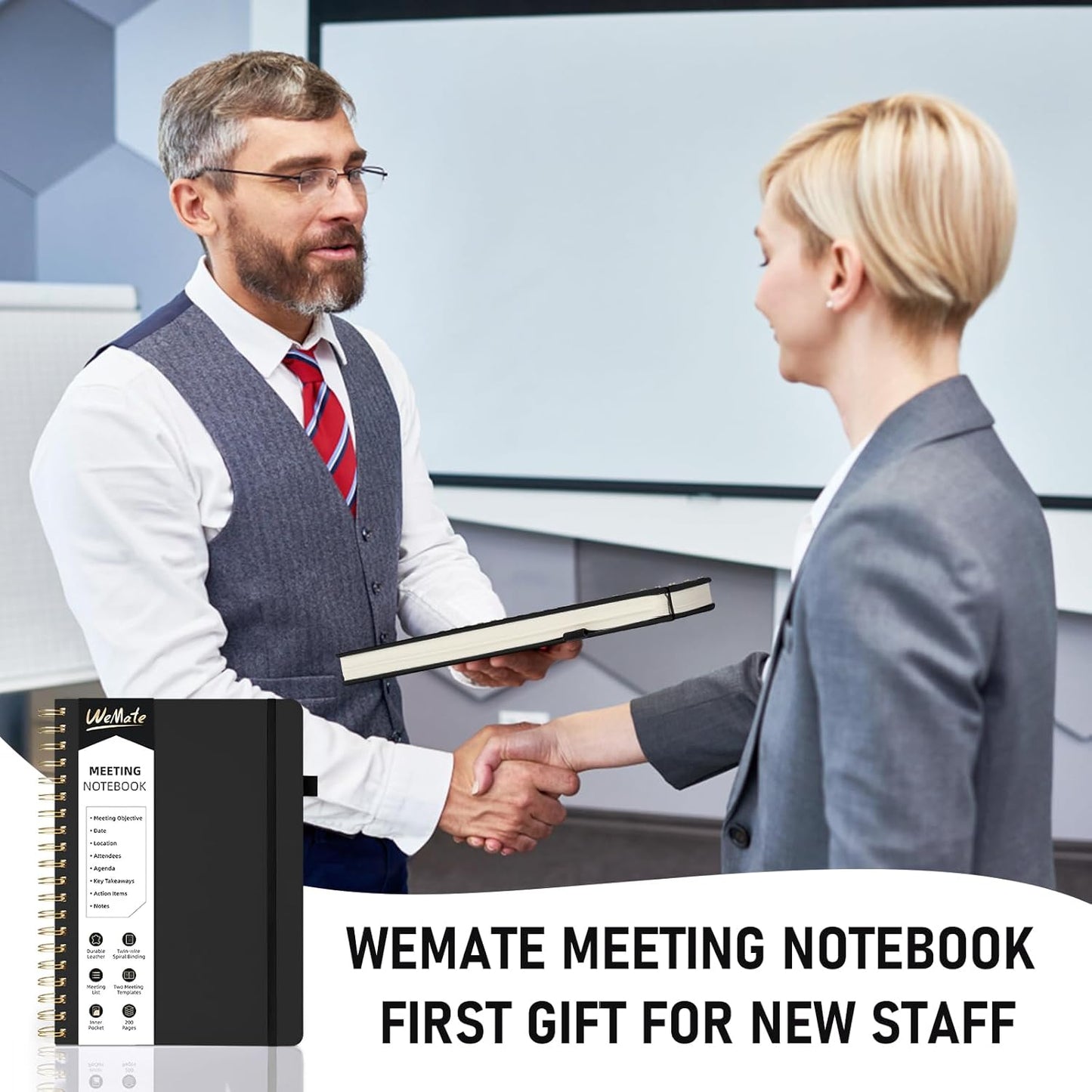 WEMATE Meeting Notebook for Work B5 (7"x10") - PU Leather Work Notebook with Agenda, Action Items & Notes - 200 Pages for Men&Women, Staff and Students, Meeting, Projects Planning - Black