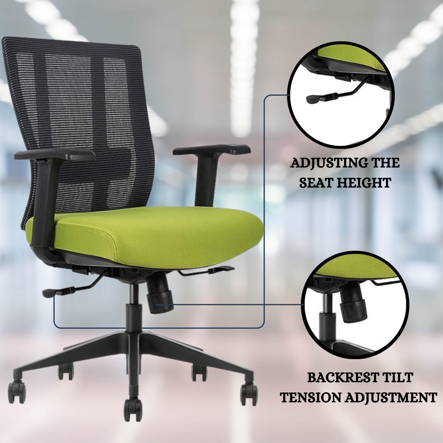 Ergonomic Office Chair - Breathable MESH - Back Adjustable Lumbar Support with 3-D ARMRESTS TILT Function and 360-DEGREE Swivel Wheels Comfortable Wide SEAT - Home Office Chair (Green) Pack of 2
