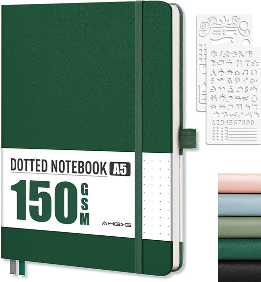 AHGXG Bullet Dotted Journal - 150 GSM Dot Grid Notebook Journal, Thick Acid-Free Paper, A5 Dotted Notebook 128 Pages, Leather Hardcover, Inner Pocket, Journal Stencil, 5.7'' × 8.3'' - Green