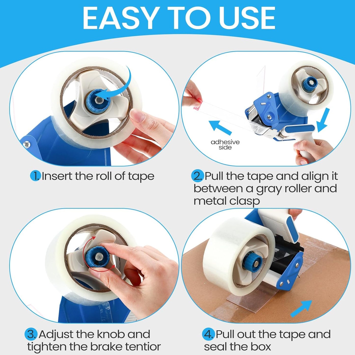 2 Pack Packing Tape Dispenser Gun with 12 Roll Packing Tape 2 Inch Gun 2.7 Mil Heavy Duty Packaging for Shipping, Moving, Carton and Box Sealing(Blue and White)