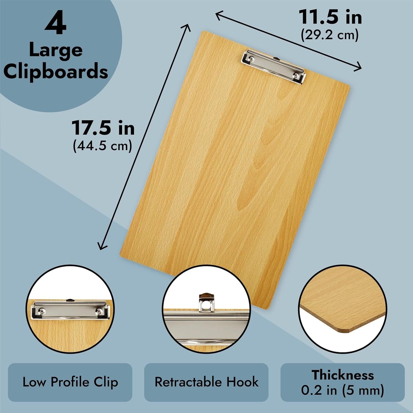 4 Pack Extra Large Clipboards, Wooden Art Board with Low-Profile Clip and Hook for Classroom and Office, 11.5x17.5 in