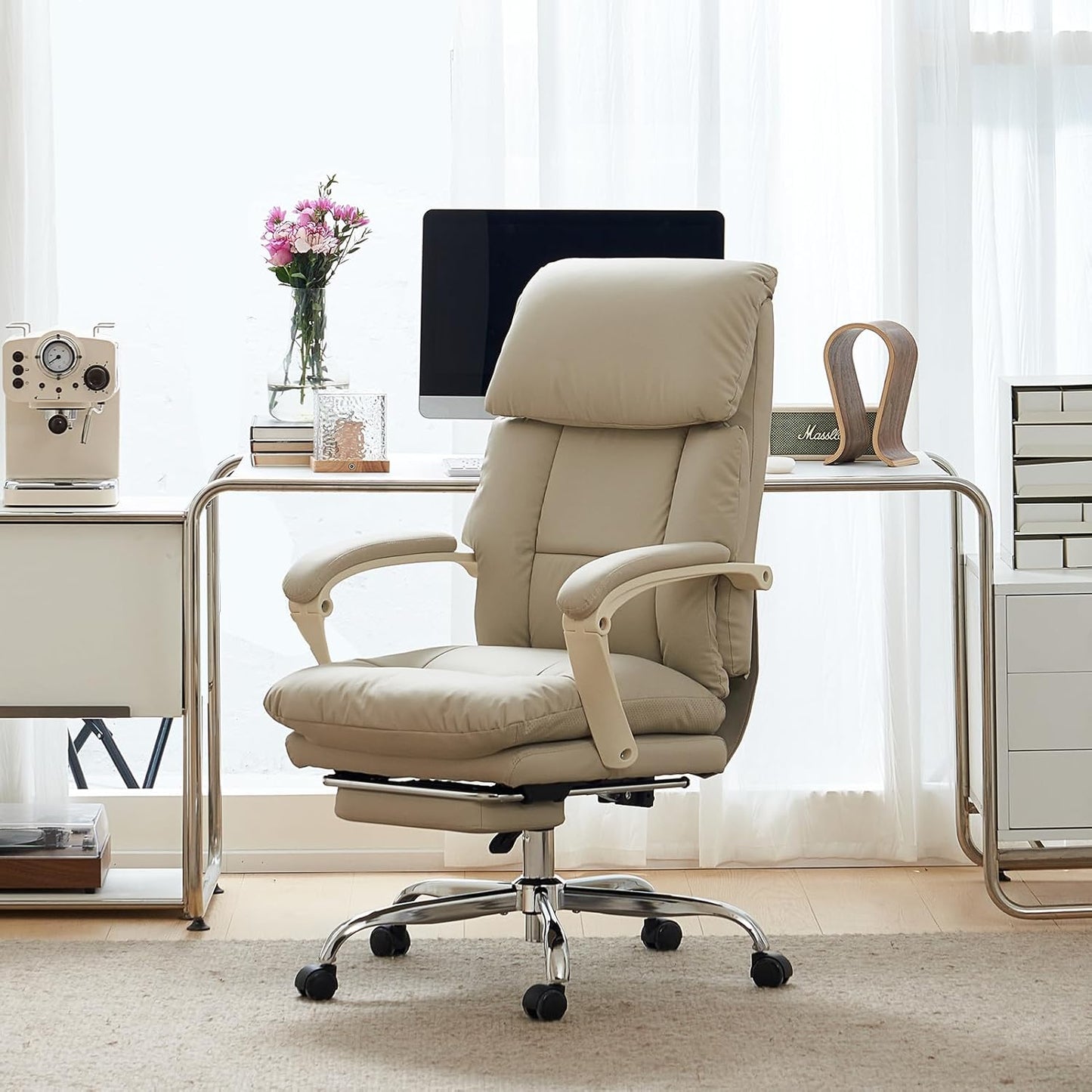 EMIAH Office Chair with Foot Rest, Ergonomic Executive Office Chair with Arms, Reclining High Back PU Leather Comfy Swivel Computer Desk Chairs with Wheels and Lumbar Support for Home Office, Beige