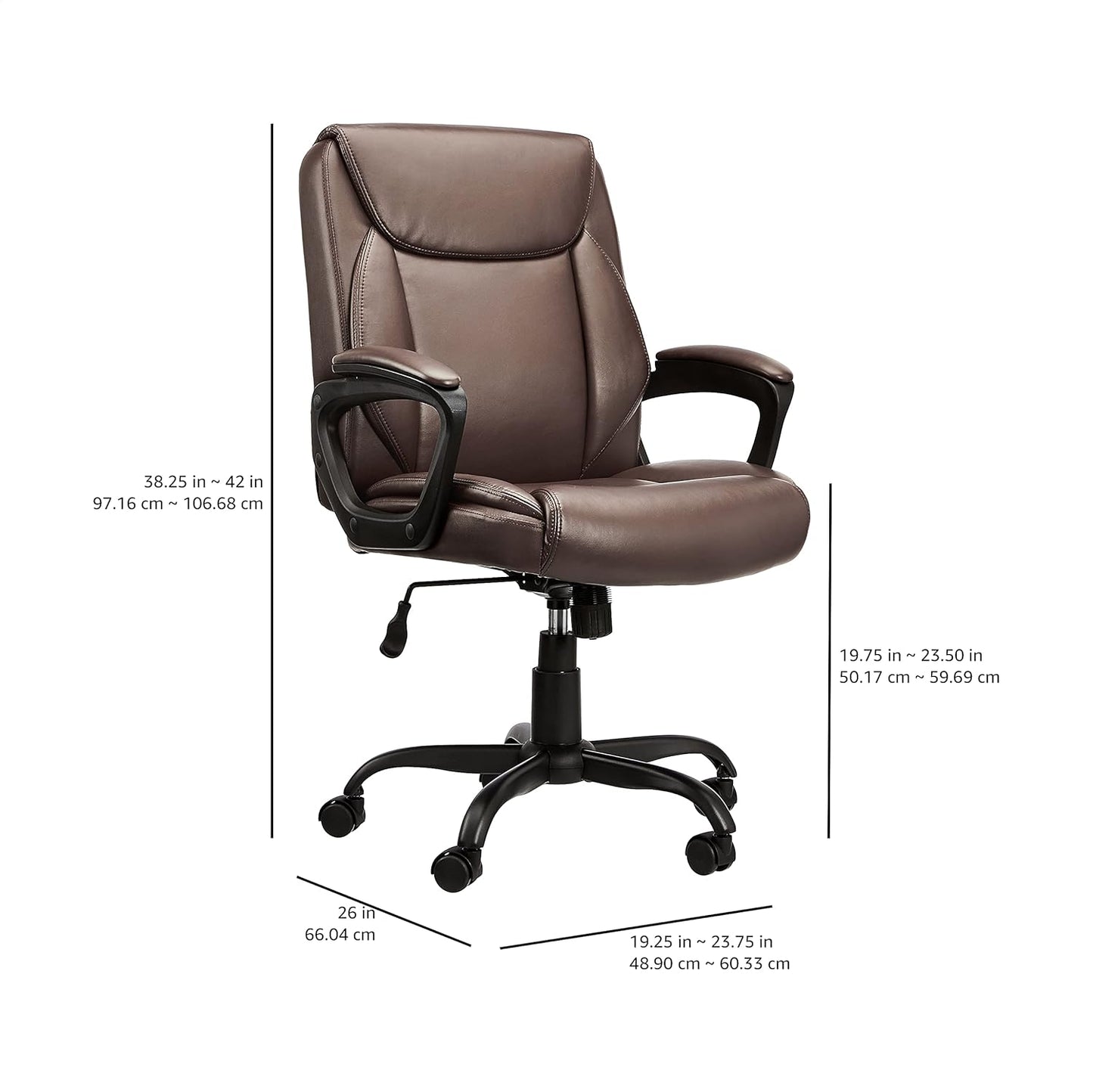 Amazon Basics Classic Puresoft PU Padded Mid-Back Height Adjustable Office Computer Desk Chair with Armrest, 25.75"D x 24.25"W x 42.25"H, Brown