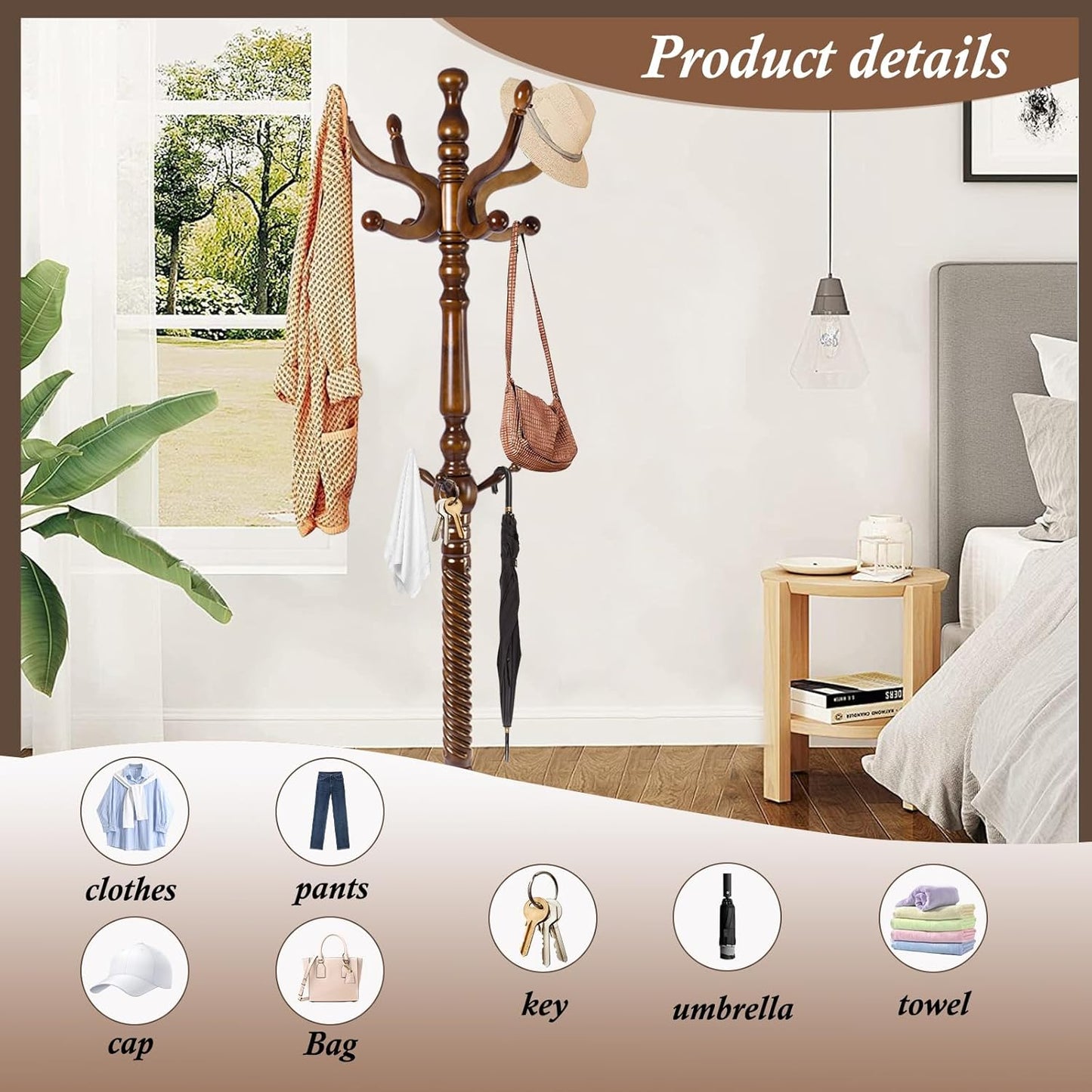 Wooden Coat Rack Freestanding, Vintage Coat Racks with Sturdy Round Base, Adjustable Height 37.40"-72.83" Entrance Coat Rack for Bedroom Living Room Entryway (Vintage Triangle)