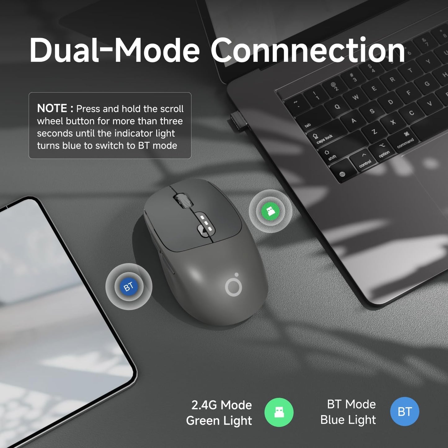 EWEADN Q5 Wireless Mouse, Bluetooth & 2.4G Quiet Computer Mouses with 1600 DPI, Battery Level Display, Ergonomic Office Mouse,6 Button Portable Cute Cordless Mice for Laptop/PC/Mac- Black