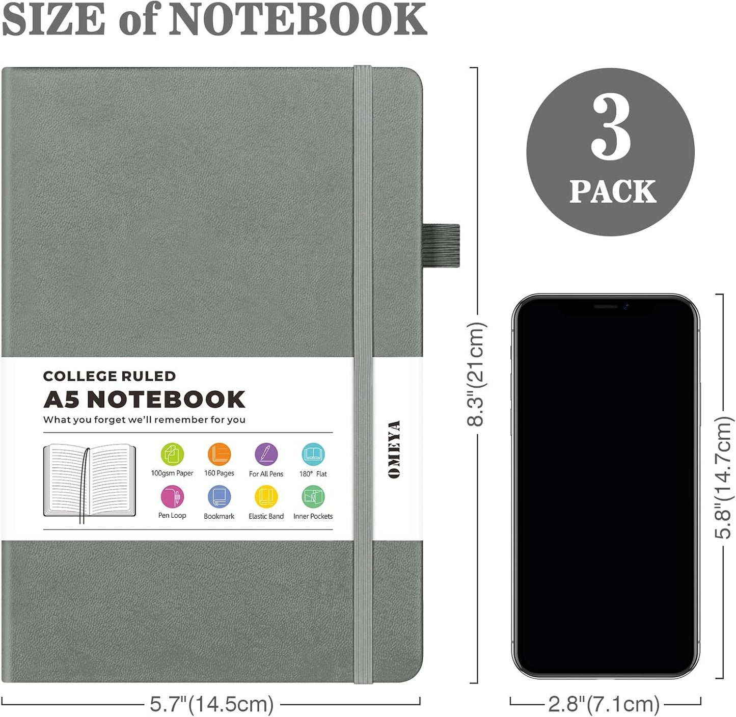 OMEYA Lined Journal Notebook, 3 Pack A5 College Ruled Notebooks for Work, Hardcover Notebook Each with 2 Pockets & Pen, Leather Journal for Women, Men, 160 Pages, 100GSM Thick Paper (Grey)