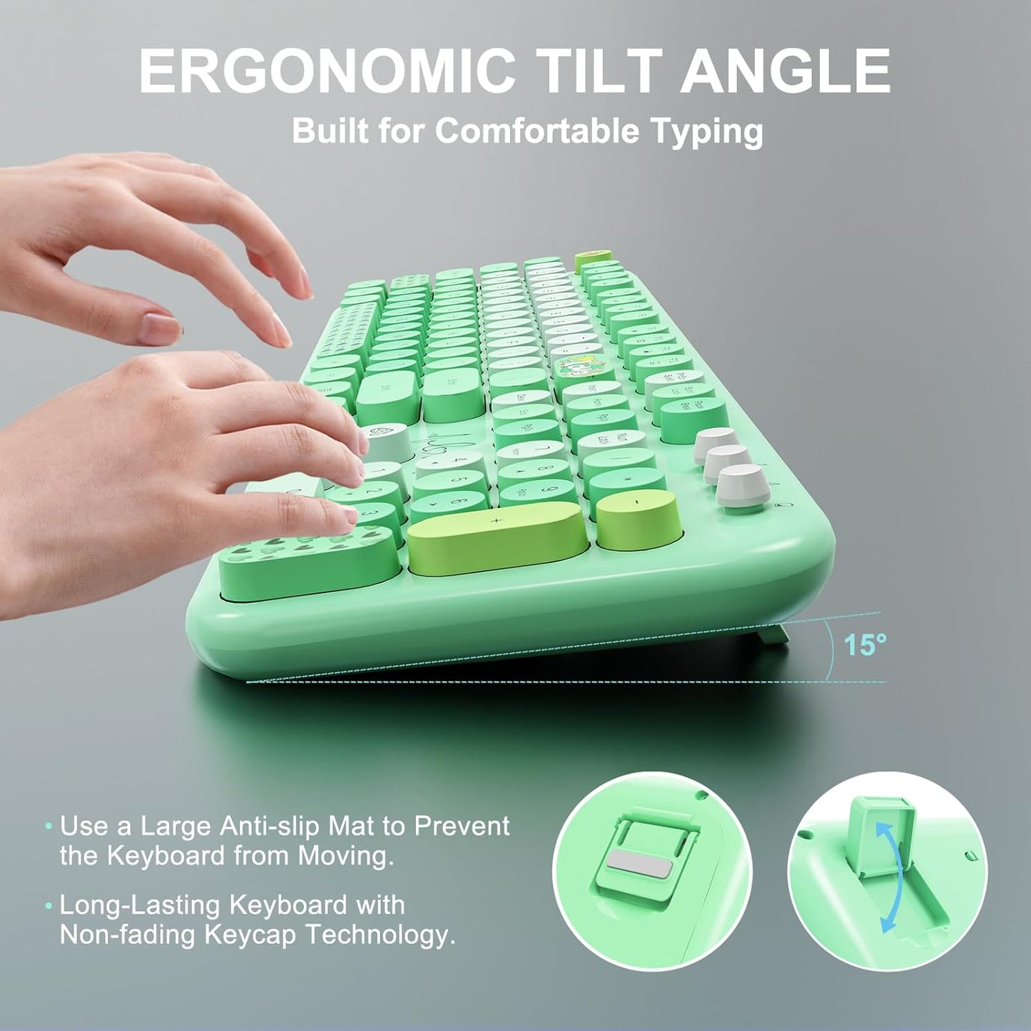 FOPETT Wireless Keyboard and Mouse Combo - 2.4G Full-Sized Cute Colorful Retro Keyboard with Round Keycaps 104 Keys Typewriter Keyboard for Laptop/Windows/PC-Green Colorful