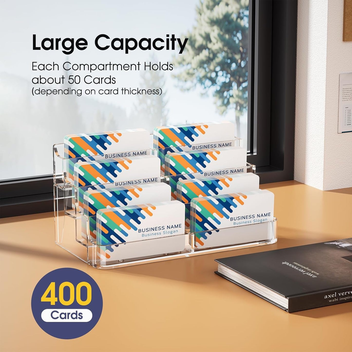 MaxGear Acrylic Business Card Holder for Desk Multiple Business Card Holders, Premium Cards Stand for Workspace, Clear Plastic Display Holder with 4 Tier for Office, 8 Pocket, 400 Cards Capacity
