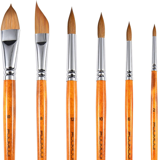 Sable Watercolor Brushes Kolinsky Watercolor Paint Brushes for Artists Professional 6pcs - Pointed Rounds Cat Tongue Oval Wash Dagger for Watercolor Acrylics Inks Gouache Painting