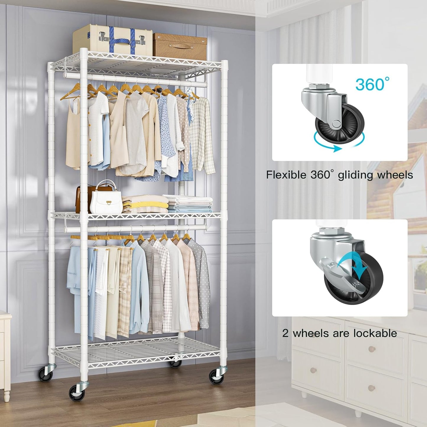 P1 Medium Heavy-Duty Portable Closet, 30" W x 14" D x 76" H, Metal Rolling Clothing Rack, White
